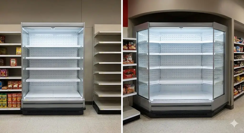 규격품 쇼케이스와 공간에 딱 맞는 맞춤 제작 쇼케이스의 비교 이미지.