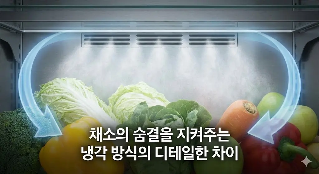 쇼케이스 내부의 신선한 채소 위로 시원한 냉기와 미세한 습도가 순환하는 모습을 시각화한 이미지