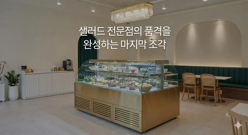 고급스러운 인테리어의 샐러드 전문점 전경과 그 중심에 완벽하게 어우러지는 프리미엄 샐러드 쇼케이스
