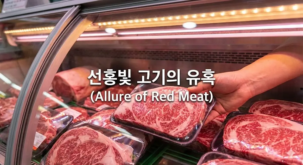 고객이 가장 먼저 마주하는 쇼케이스 속 선홍빛 고기의 유혹적인 모습을 담았습니다. 신선한 고기가 고객의 손길을 이끄는 순간을 포착하여 쇼케이스의 중요성을 강조합니다.