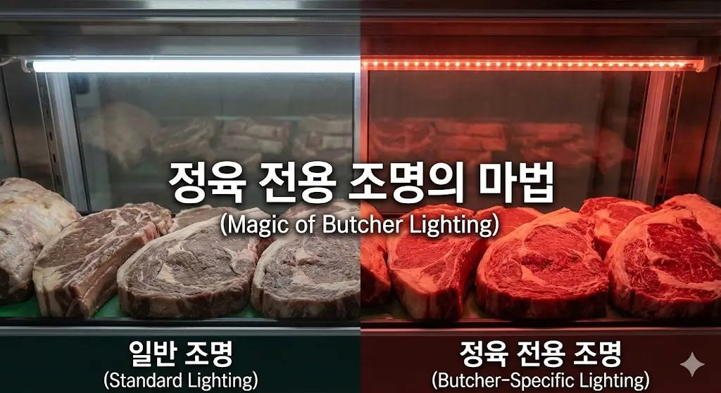 일반 조명과 정육 전용 조명의 차이를 극명하게 보여주는 비교 이미지입니다. 정육 전용 조명이 고기의 색감을 얼마나 생생하고 먹음직스럽게 살려주는지 직관적으로 확인할 수 있습니다.