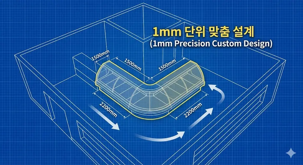 매장 도면 위에 1mm 단위로 정밀하게 맞춤 설계된 쇼케이스를 보여줍니다. 공간 효율성을 극대화하고 최적의 동선을 제공하는 맞춤 설계 능력을 시각적으로 표현했습니다.