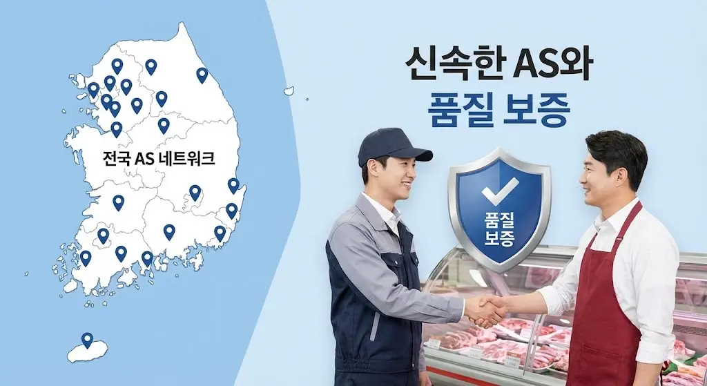 전국적인 서비스 네트워크 지도와 품질 보증 마크, 그리고 AS 기사와 고객이 신뢰의 악수를 나누는 모습을 통해 믿을 수 있는 사후 관리 서비스를 강조합니다.