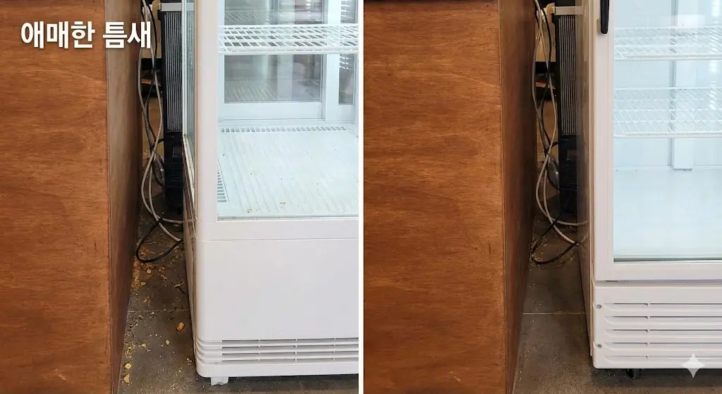 카페 카운터와 일반 냉장 쇼케이스 사이의 좁고 지저분한 틈새를 보여주는 이미지