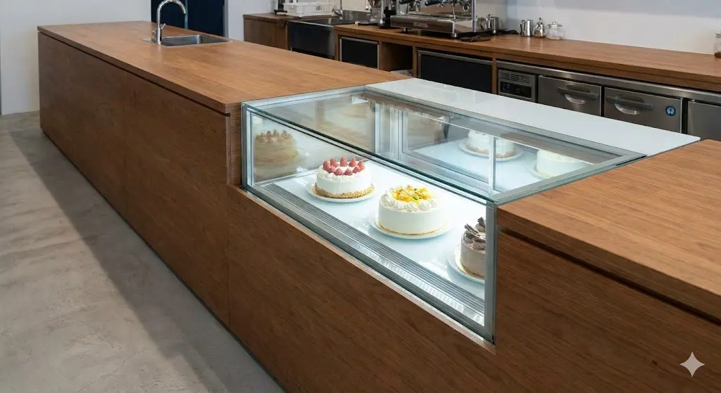 나무 카운터와 완벽하게 일체화된 깔끔한 디자인의 빌트인 냉장 쇼케이스 이미지
