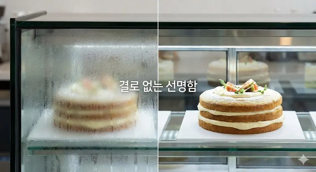 쇼케이스 결로 현상 유무를 비교하는 분할 이미지, 오른쪽은 결로 없이 투명한 유리 너머로 케이크가 선명하게 보임