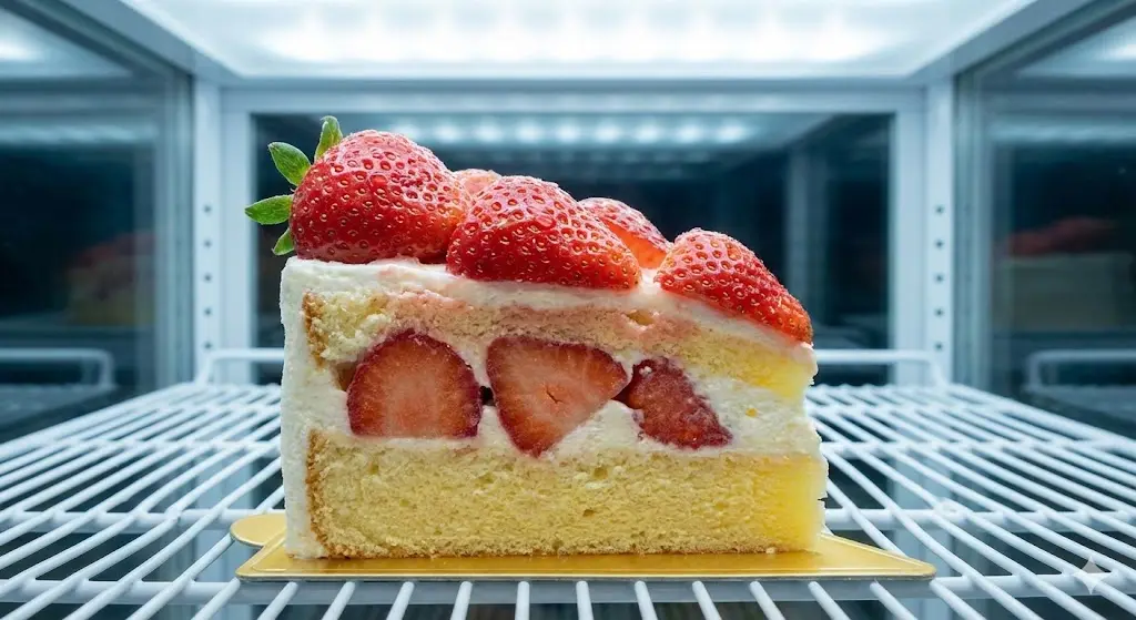 쇼케이스 내부에서 신선하고 촉촉한 상태가 유지되고 있는 딸기 케이크 조각의 클로즈업 이미지