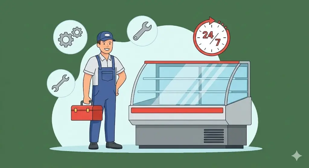 친절한 A/S 기사와 부품, 24/7 서비스 아이콘이 함께 그려진 그래픽 이미지로 신속하고 안정적인 사후 관리를 표현