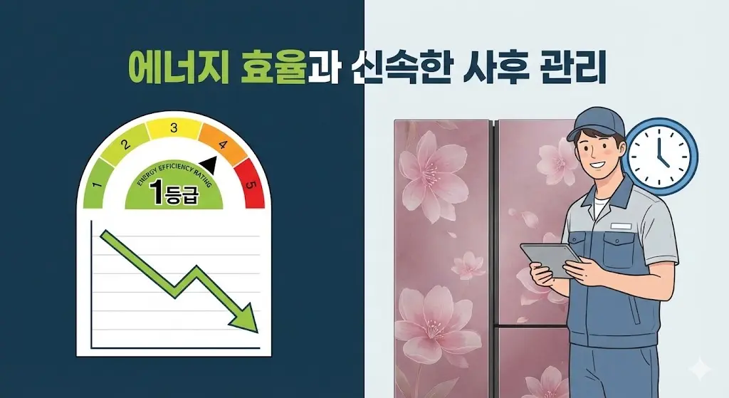 에너지 효율 1등급 라벨과 비용 절감 그래프(왼쪽), 태블릿을 든 친절한 A/S 기사와 신속한 서비스를 의미하는 시계 아이콘(오른쪽).