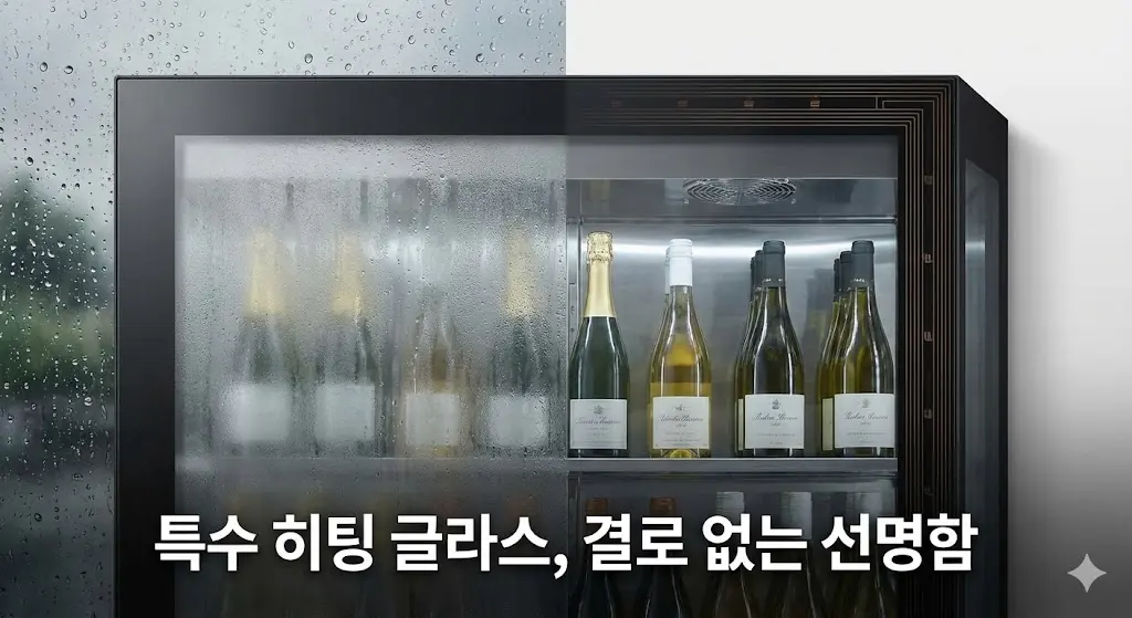 일반 유리(왼쪽, 김 서림)와 특수 히팅 글라스(오른쪽, 선명함)의 결로 현상 비교 이미지.