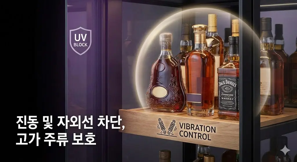 자외선 차단(UV BLOCK) 유리와 진동 억제(VIBRATION CONTROL) 선반으로 보호받는 고가의 위스키 병들.