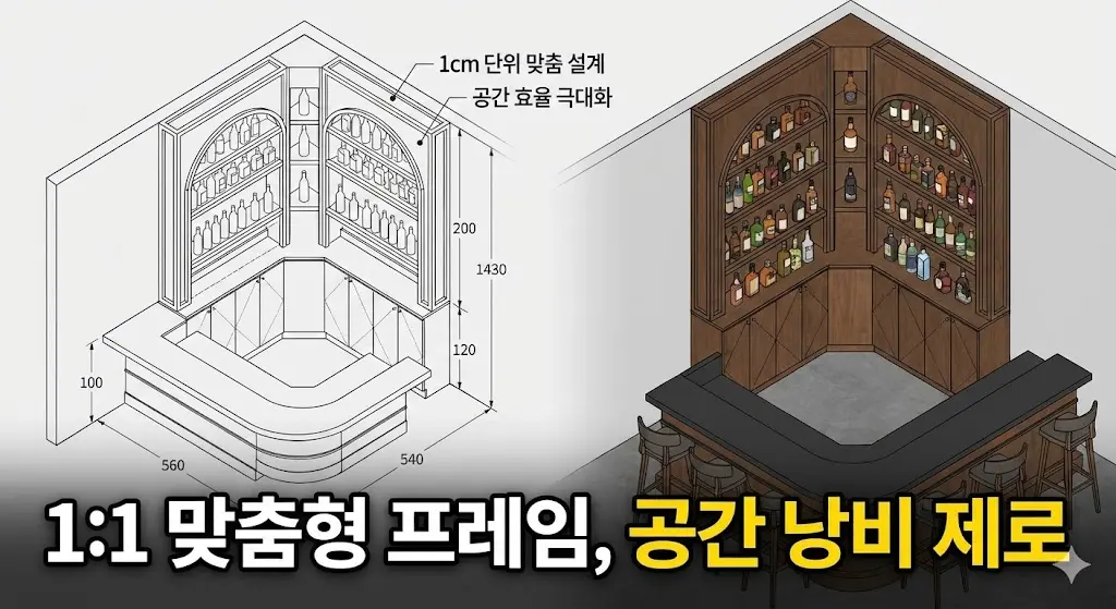 코너 공간에 완벽하게 맞춘 1:1 맞춤형 주류 쇼케이스 설계 도면과 3D 렌더링 이미지.