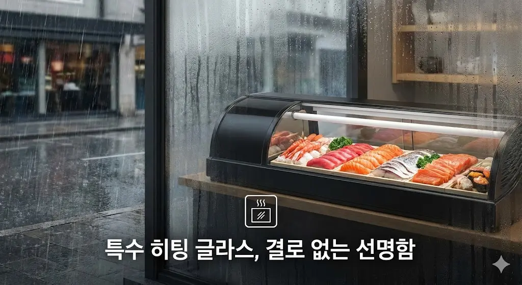 비 오는 날 창밖은 김이 서렸지만, 특수 히팅 글라스가 적용된 스시 쇼케이스 내부는 결로 없이 투명하여 재료가 선명하게 보이는 모습.