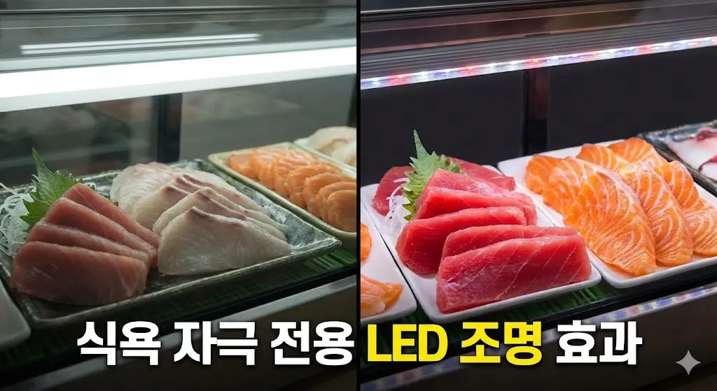 일반 조명(왼쪽)과 생선 전용 LED 조명(오른쪽) 아래의 생선회 색감 비교 이미지, 오른쪽의 생선회가 훨씬 붉고 먹음직스러워 보임.