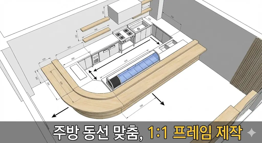복잡한 주방 동선과 카운터 구조에 빈틈없이 맞춰 제작된 맞춤형 스시 쇼케이스의 설계 도면과 3D 렌더링 이미지.