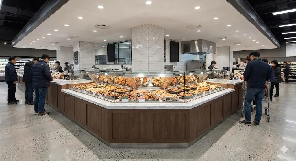 델리 코너 매대 높이에 맞춰 1mm 단위로 정교하게 제작된 한성쇼케이스 맞춤제작쇼케이스 설치 전경