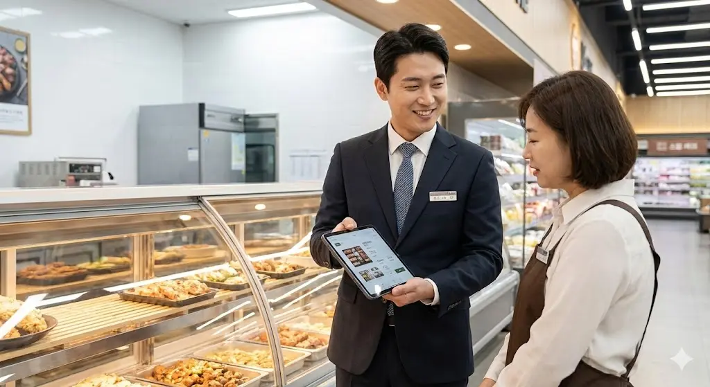 전문 컨설턴트가 매장 환경에 맞는 한성쇼케이스 맞춤형 온장 솔루션을 제안하는 상담 모습