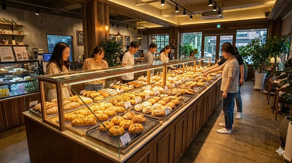 따뜻한 전용 조명과 최적의 진열 환경으로 빵의 '겉바속촉' 식감을 유지하는 한성쇼케이스 프리미엄 베이커리쇼케이스 설치 매장 전경