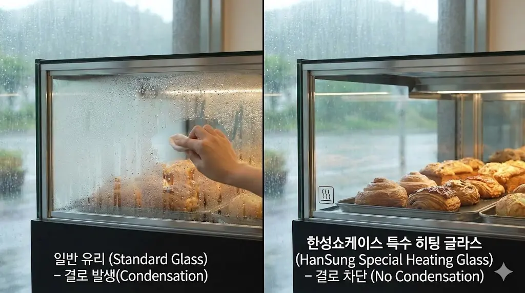 습한 장마철에도 결로 없이 내부 빵을 투명하고 선명하게 보여주는 한성쇼케이스 특수 히팅 글라스 장착 모습