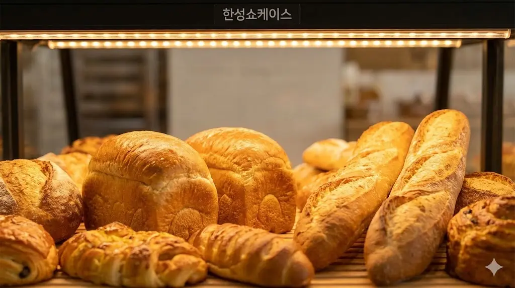 빵 고유의 노릇한 색감과 질감을 극대화하여 구매 욕구를 자극하는 한성쇼케이스 베이커리 전용 웜톤 LED 조명 설계 사례