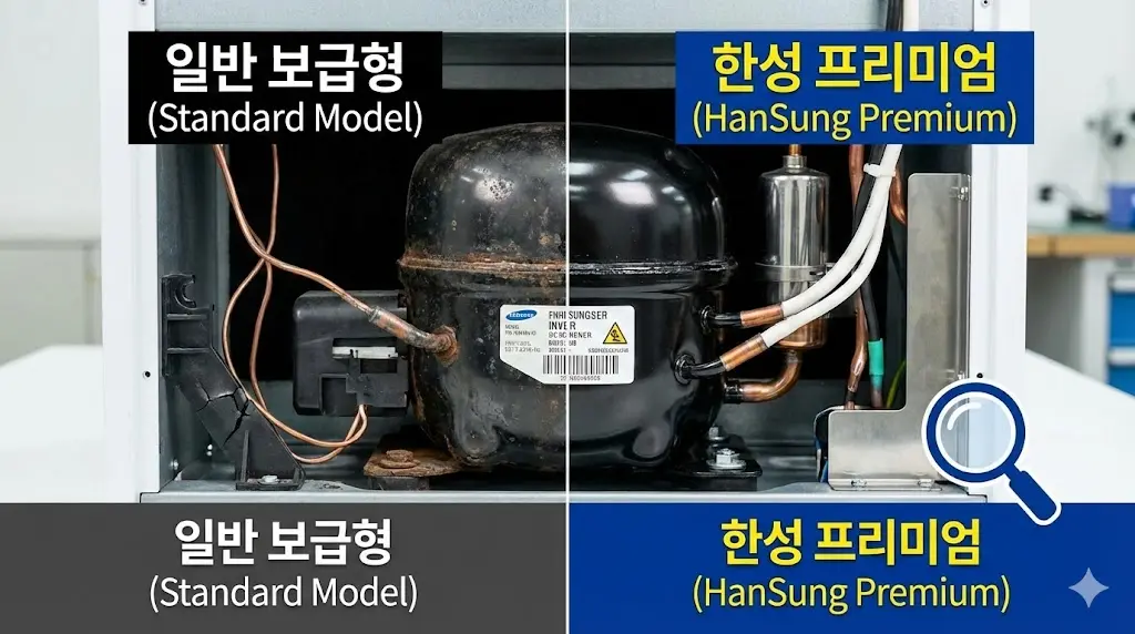 일반 보급형 제품과 차별화된 최고급 부품과 견고한 마감을 자랑하는 한성쇼케이스 제조 공정 이미지