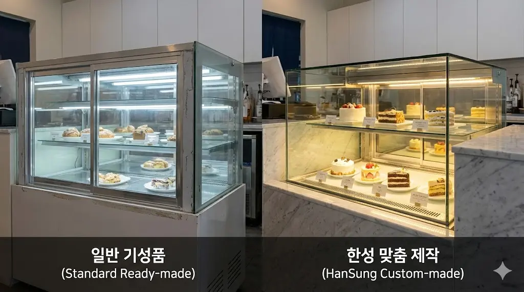 매장의 품격을 높여주는 세련된 디자인과 특수 LED 조명이 적용된 한성쇼케이스 맞춤제작쇼케이스 사례