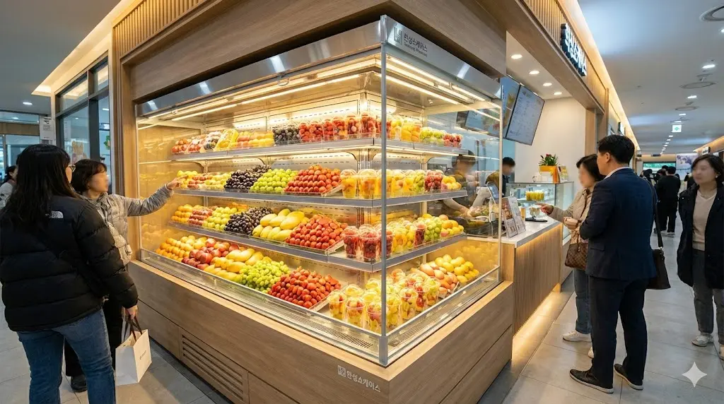 최상의 신선도 보존 기술과 연색성 조명으로 과일의 가치를 높이는 한성쇼케이스 프리미엄 과일쇼케이스 설치 전경