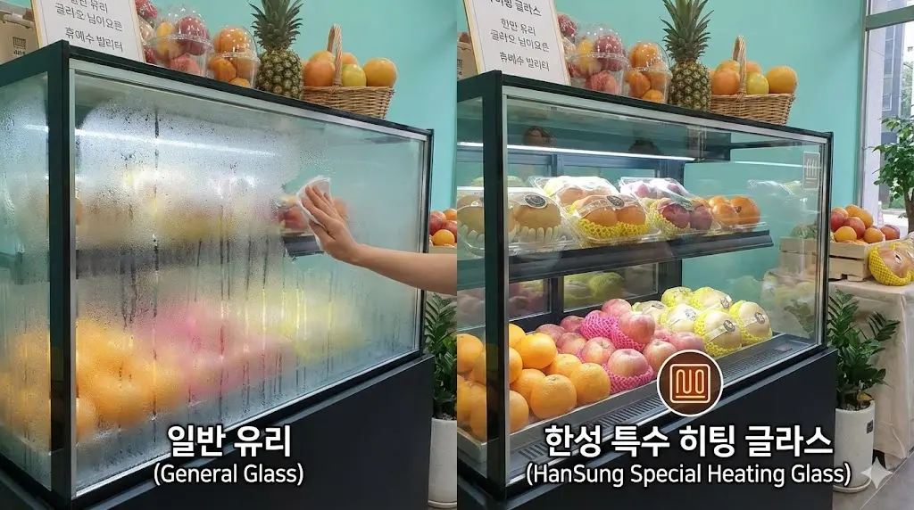 습한 환경에서도 결로 없이 내부 과일을 투명하게 보여주는 한성쇼케이스 특수 히팅 글라스 적용 모습