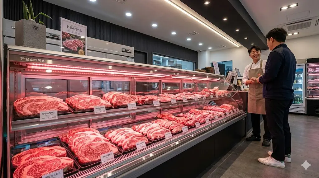 육류 고유의 선명한 색감과 신선함을 극대화하여 품격을 높이는 한성쇼케이스 프리미엄 정육쇼케이스 설치 전경