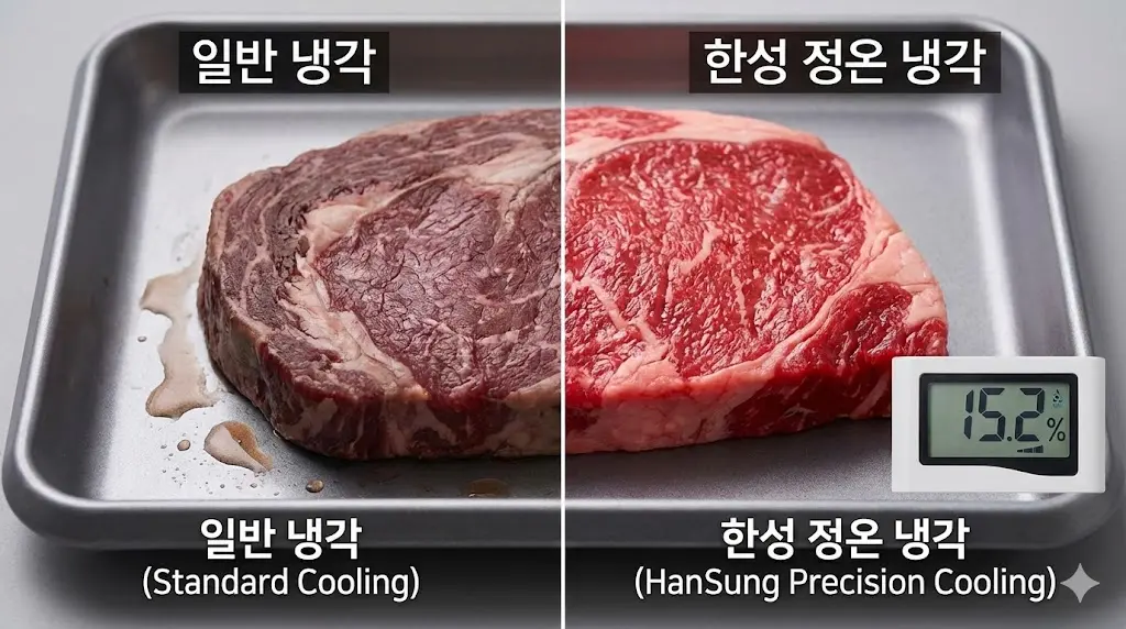고기의 수분 증발을 억제하고 육즙을 가두어 최상의 맛을 유지하는 한성쇼케이스만의 정밀 정온 냉각 시스템 이미지