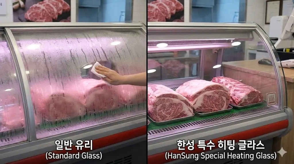 낮은 온도 환경에서도 결로 없이 내부 마블링을 선명하게 보여주는 한성쇼케이스
