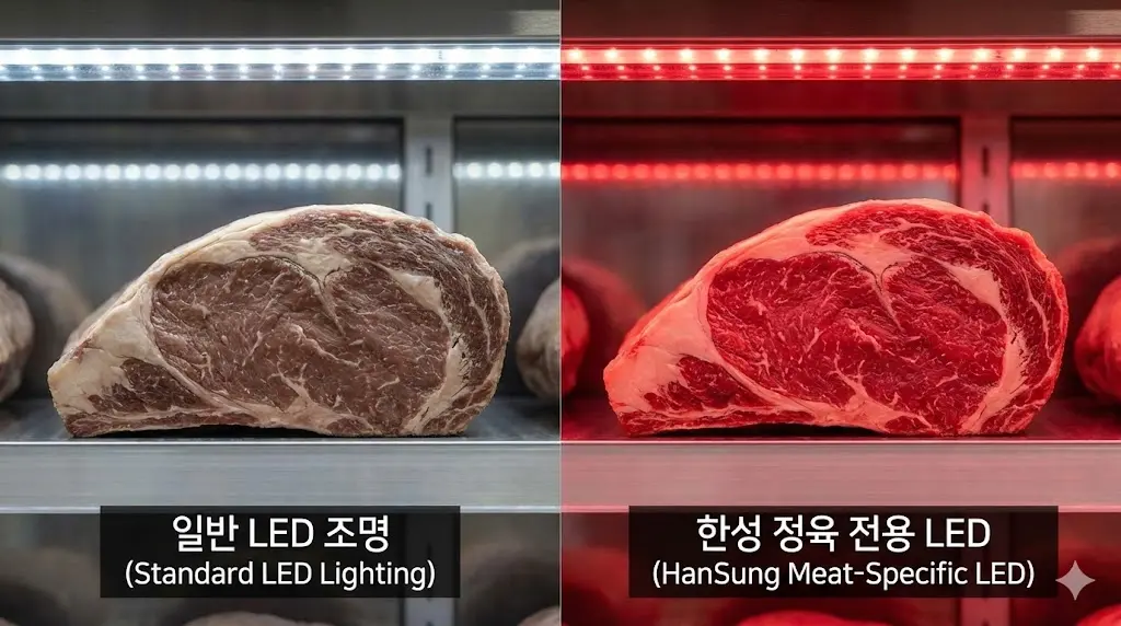 낮은 온도 환경에서도 결로 없이 내부 마블링을 선명하게 보여주는 한성쇼케이스 특수 히팅 글라스 적용 모습