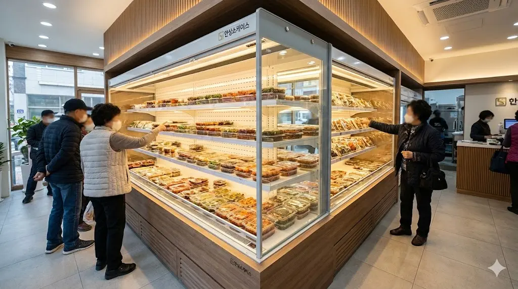 최상의 신선도 보존 기술과 연색성 조명으로 반찬의 가치를 높이는 한성쇼케이스 프리미엄 반찬쇼케이스 설치 전경