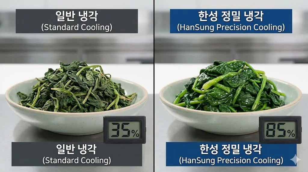 나물과 조림의 수분 증발을 억제하고 갓 만든 맛을 오래 유지하는 한성쇼케이스만의 정밀 정온 냉각 시스템 이미지