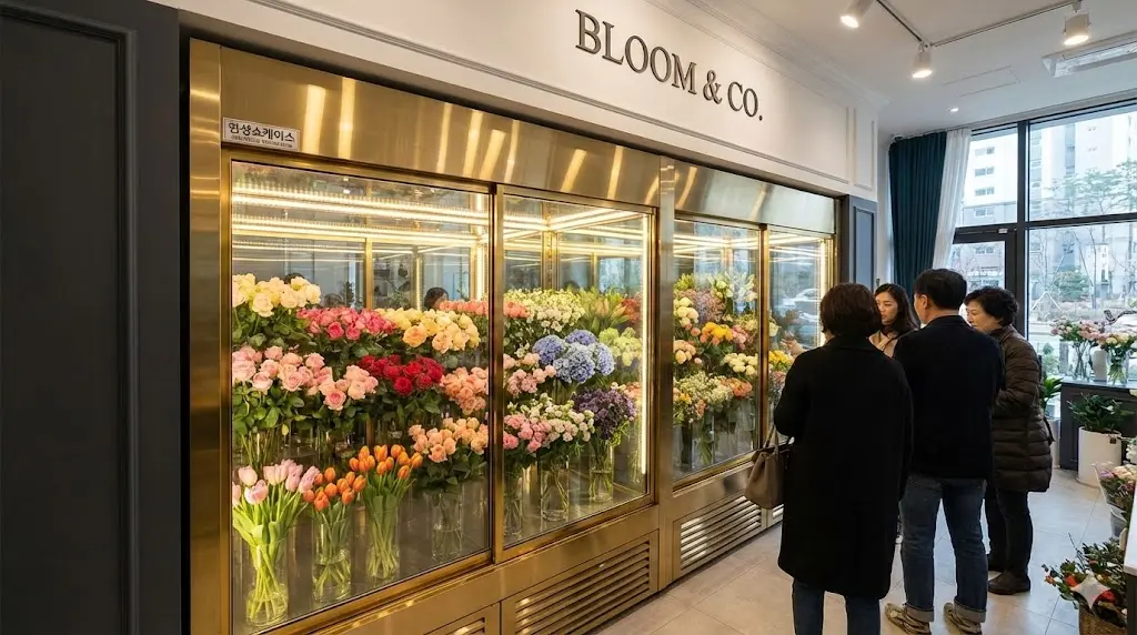 최상의 습도 유지 기술과 전용 LED 조명으로 꽃의 신선함과 아름다움을 보존하는 한성쇼케이스 프리미엄 플라워쇼케이스 설치 전경