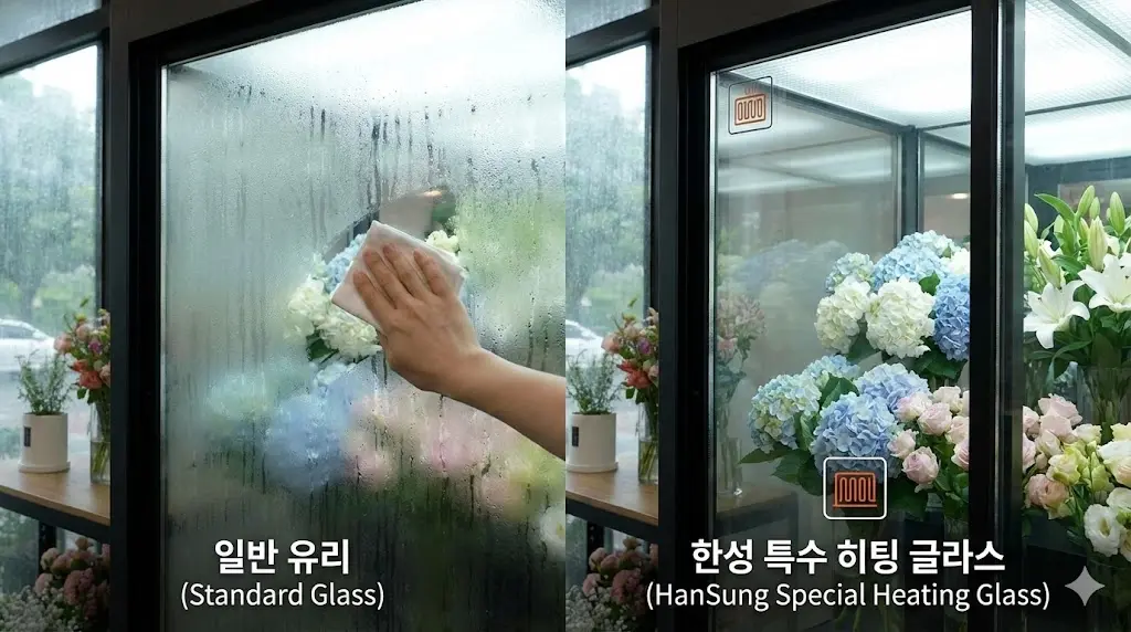 습한 환경에서도 결로 없이 내부 꽃들을 선명하고 깨끗하게 보여주는 한성쇼케이스 특수 히팅 글라스 적용 모습
