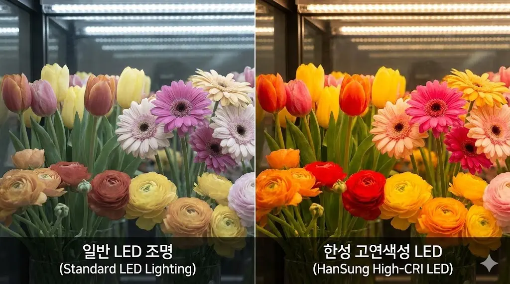 꽃 고유의 다채로운 색감을 생생하게 강조하여 시각적 효과를 높인 한성쇼케이스 맞춤형 고연색성 LED 조명 설계 사례