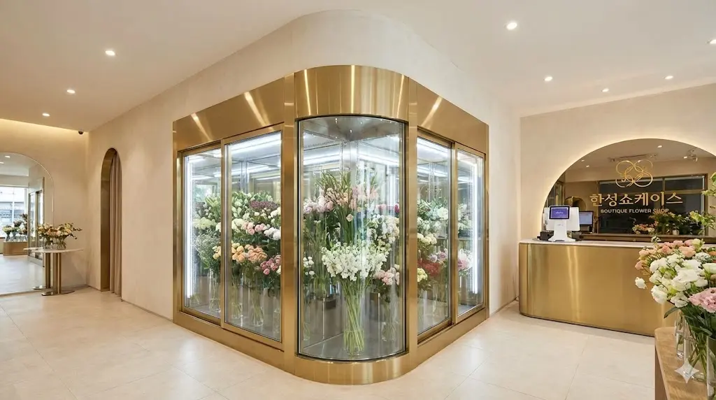 매장 구조와 인테리어 컨셉에 맞춰 1mm 단위로 정교하게 제작된 한성쇼케이스 맞춤제작쇼케이스 설치 사례