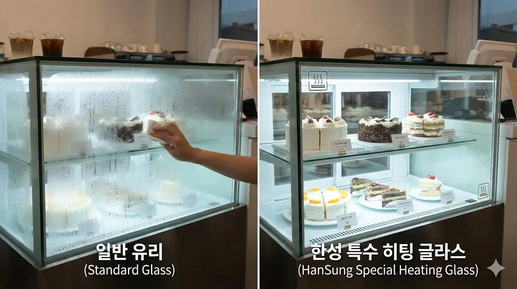 온도 차가 심한 환경에서도 결로 없이 내부 디저트를 선명하게 보여주는 한성쇼케이스 특수 히팅 글라스 적용 모습