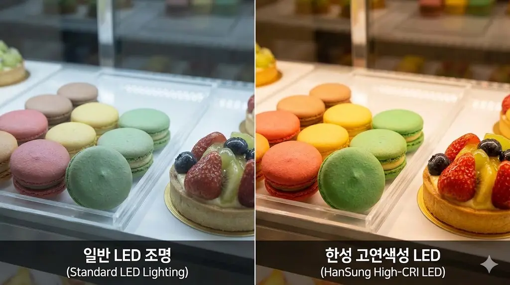 케이크 고유의 선명한 색감을 극대화하여 시각적 효과를 높인 한성쇼케이스 맞춤형 고연색성 LED 조명 사례