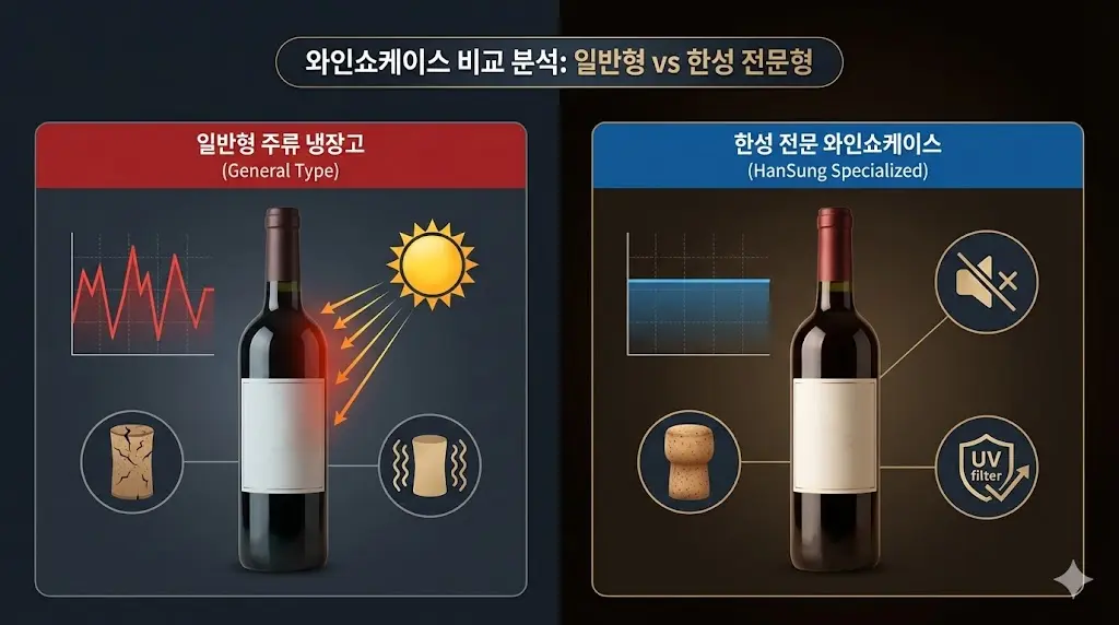 일반형 주류 냉장고와 한성 전문 와인쇼케이스의 성능을 비교하는 인포그래픽 대제목 이미지