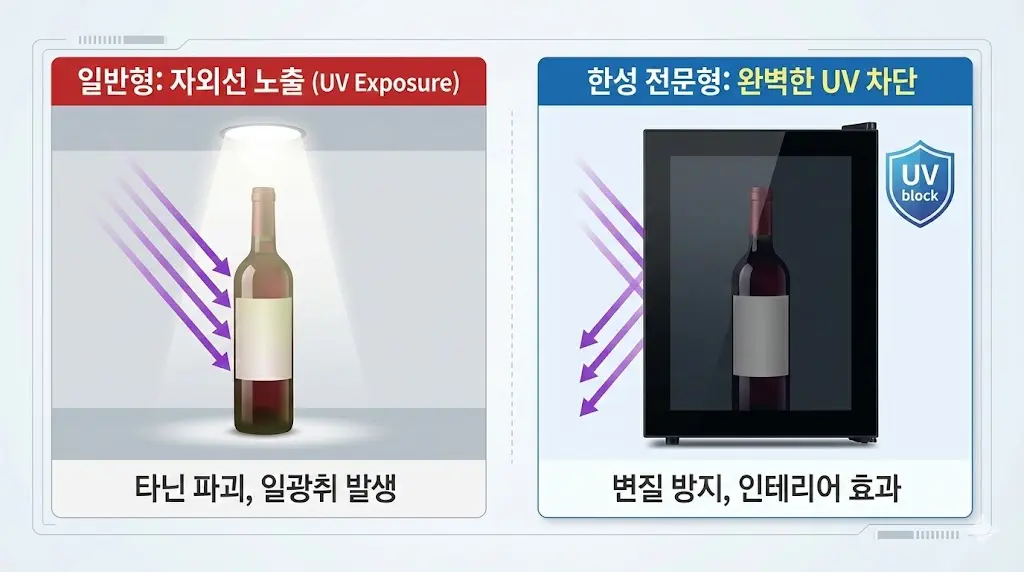 자외선에 노출된 와인병과 완벽한 UV 차단 글라스로 보호받는 와인쇼케이스를 비교하는 빛 차단 이미지