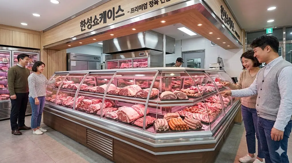 최상의 습도 유지 기술과 정육 전용 조명으로 육류의 신선도를 극대화하는 한성쇼케이스 전문 정육쇼케이스 설치 전경