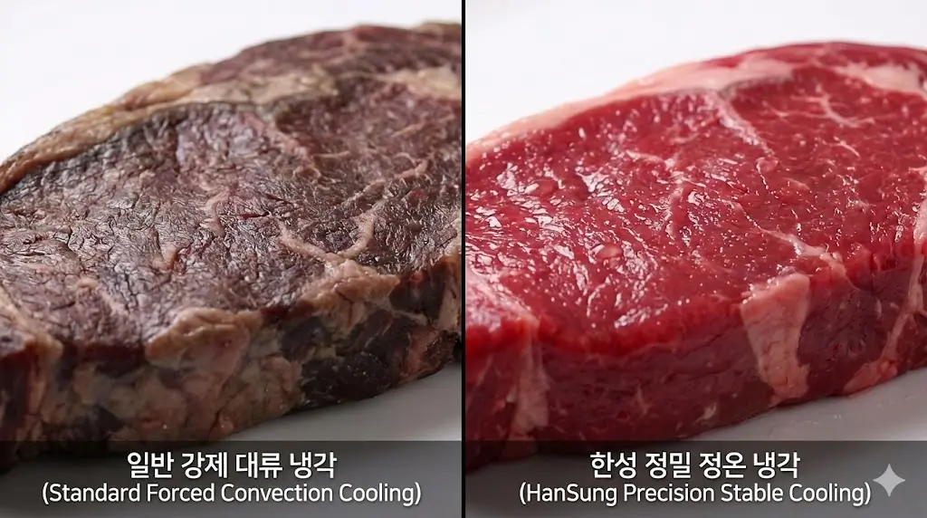 고기의 갈변을 막고 육즙을 온전히 보존하기 위해 차가운 냉기를 은은하게 순환시키는 한성쇼케이스만의 정온 보습 냉각 이미지