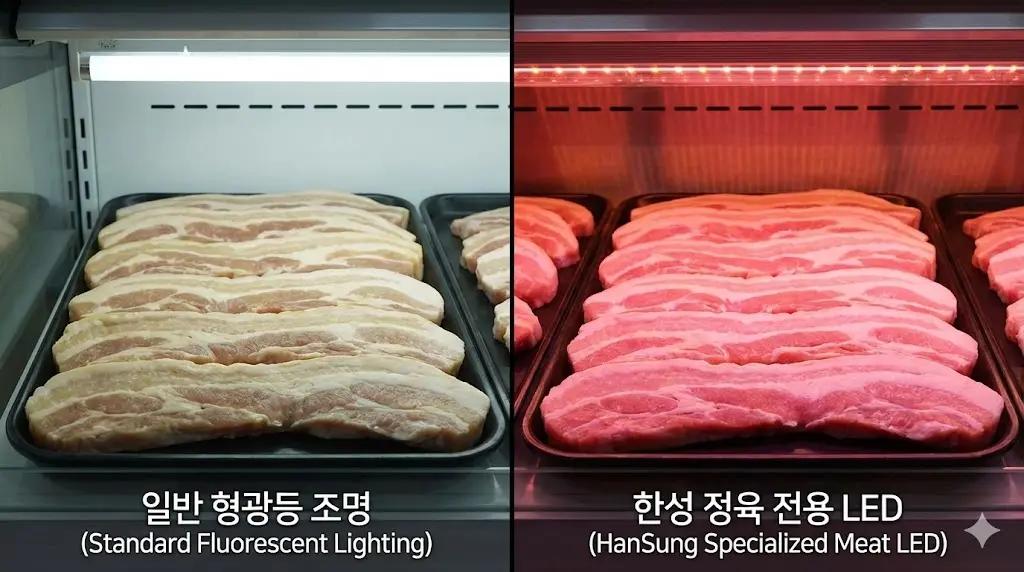 고기 본연의 붉은 색감을 선명하게 강조하여 시각적 신선도를 높인 한성쇼케이스 맞춤형 고연색성 LED 조명 사례