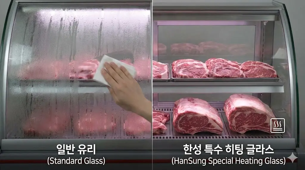 습도가 높은 환경에서도 결로 없이 내부 육류를 선명하게 보여주는 한성쇼케이스 특수 히팅 글라스 적용 모습