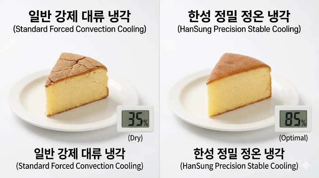 수분 증발을 막아 디저트의 촉촉함을 유지하는 한성쇼케이스만의 정밀 정온 시스템과 타사 강제 대류 방식의 품질 차이 비교