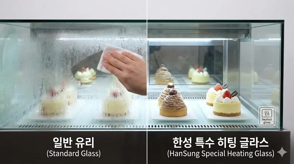 온도와 습도가 높은 환경에서도 결로 없이 투명한 시야를 보장하는 한성쇼케이스 특수 히팅 글라스 기술 적용 사례