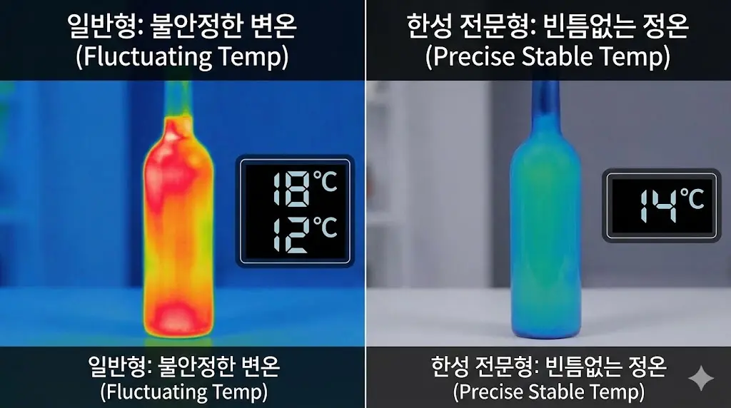 와인의 산화를 막기 위해 흔들림 없는 정온 상태를 유지하는 한성쇼케이스만의 초정밀 인버터 냉각 시스템 열화상 비교 이미지