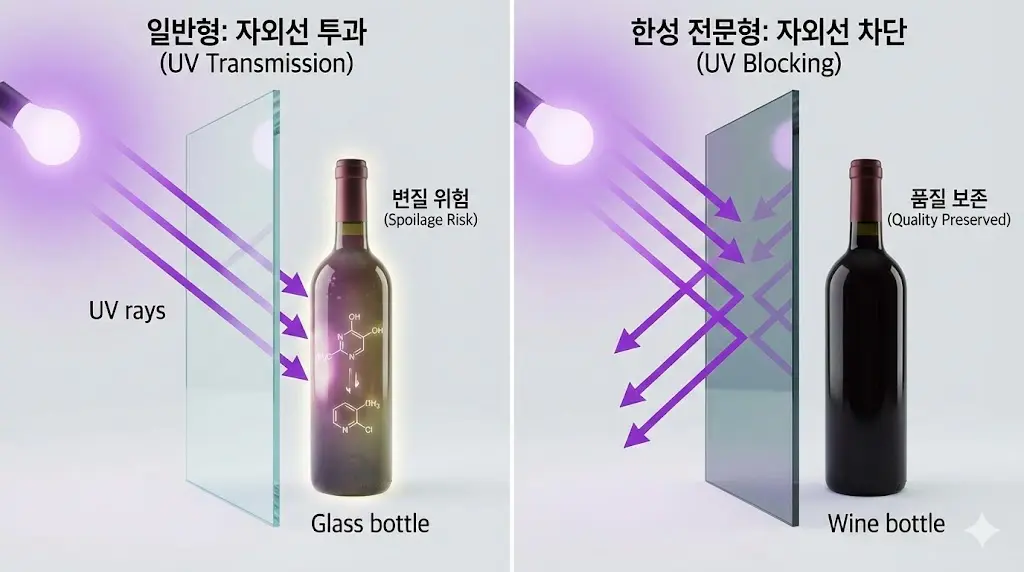 자외선을 차단하여 와인의 변질을 막고 고급스러운 분위기를 연출하는 한성쇼케이스 특수 UV-CUT 글라스 인포그래픽 비교 이미지